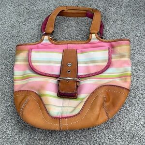 Coach Pink Multi-Striped Shoulder Bag with Tan Leather Trim